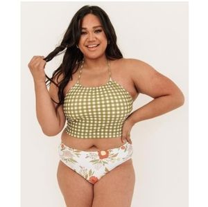 Lime Ricki moss gingham cinch crop swim top 3x NWT